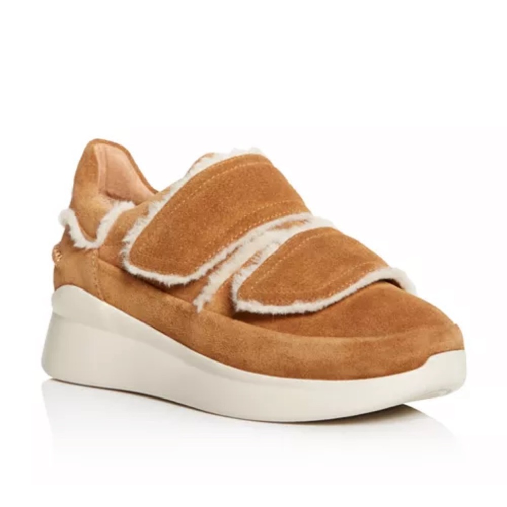 UGG Tan and White Cozy Sneakers with Shearling Trim